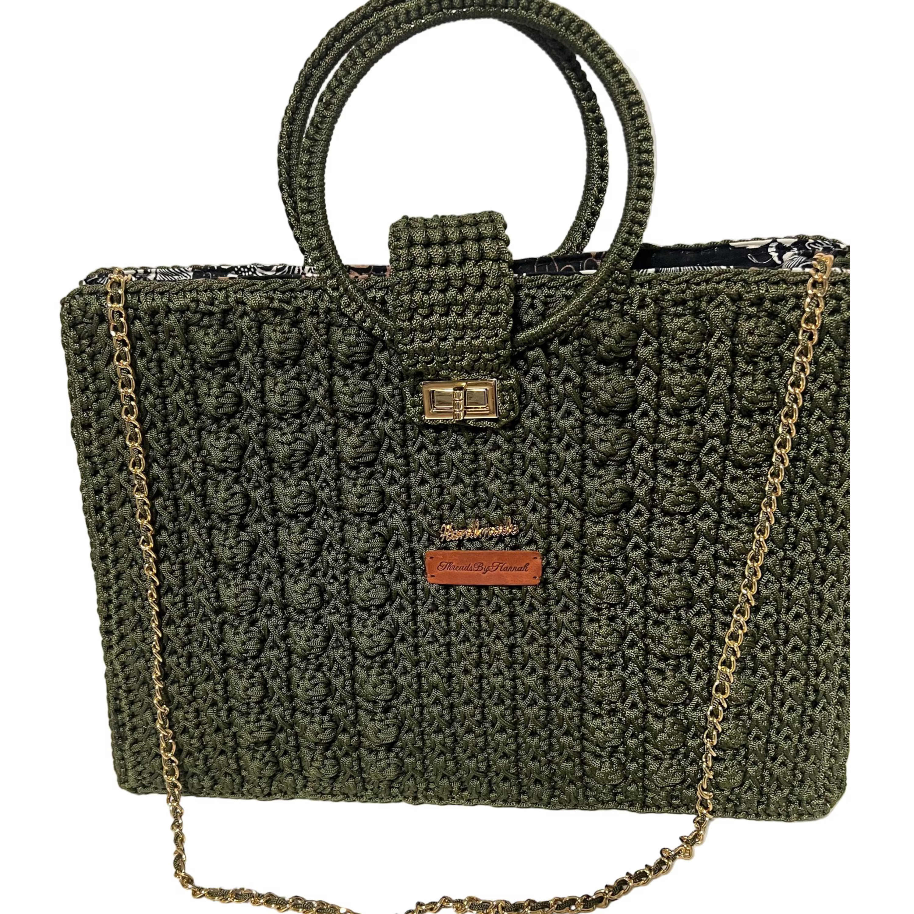 ThreadsByHannah Forest Chic Artisan Chain Strap Bag crochet tote with round handles and gold chain strap