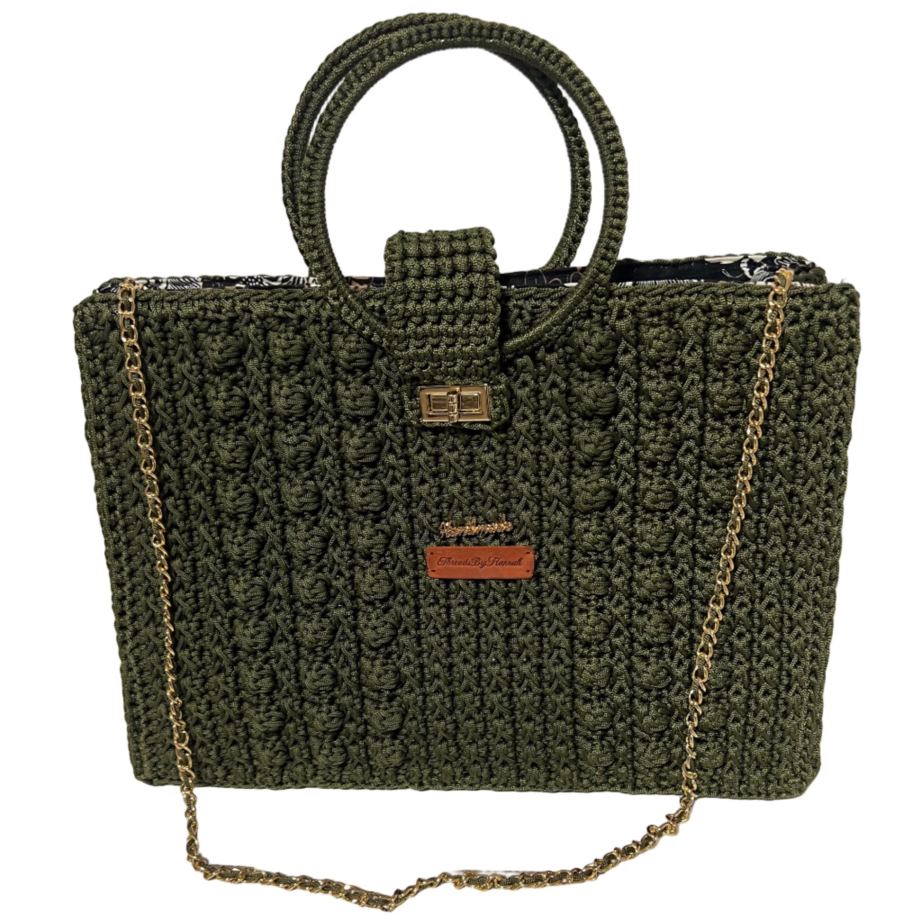Forest Chic Artisan Chain Strap Bag by ThreadsByHannah in dark green crochet with gold chain and round handles