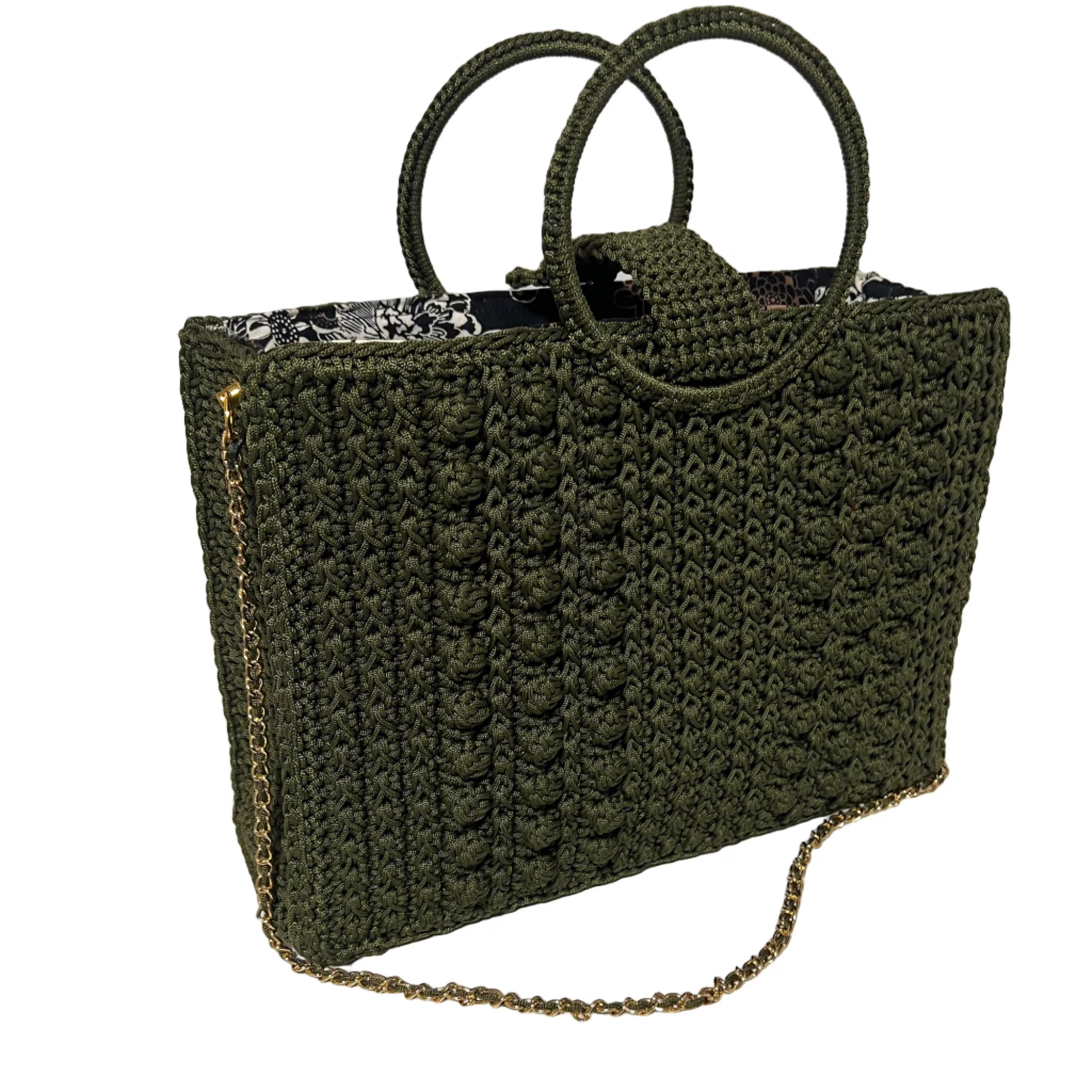 ThreadsByHannah Forest Chic Artisan Chain Strap Bag in dark green crochet with round handles and gold chain strap