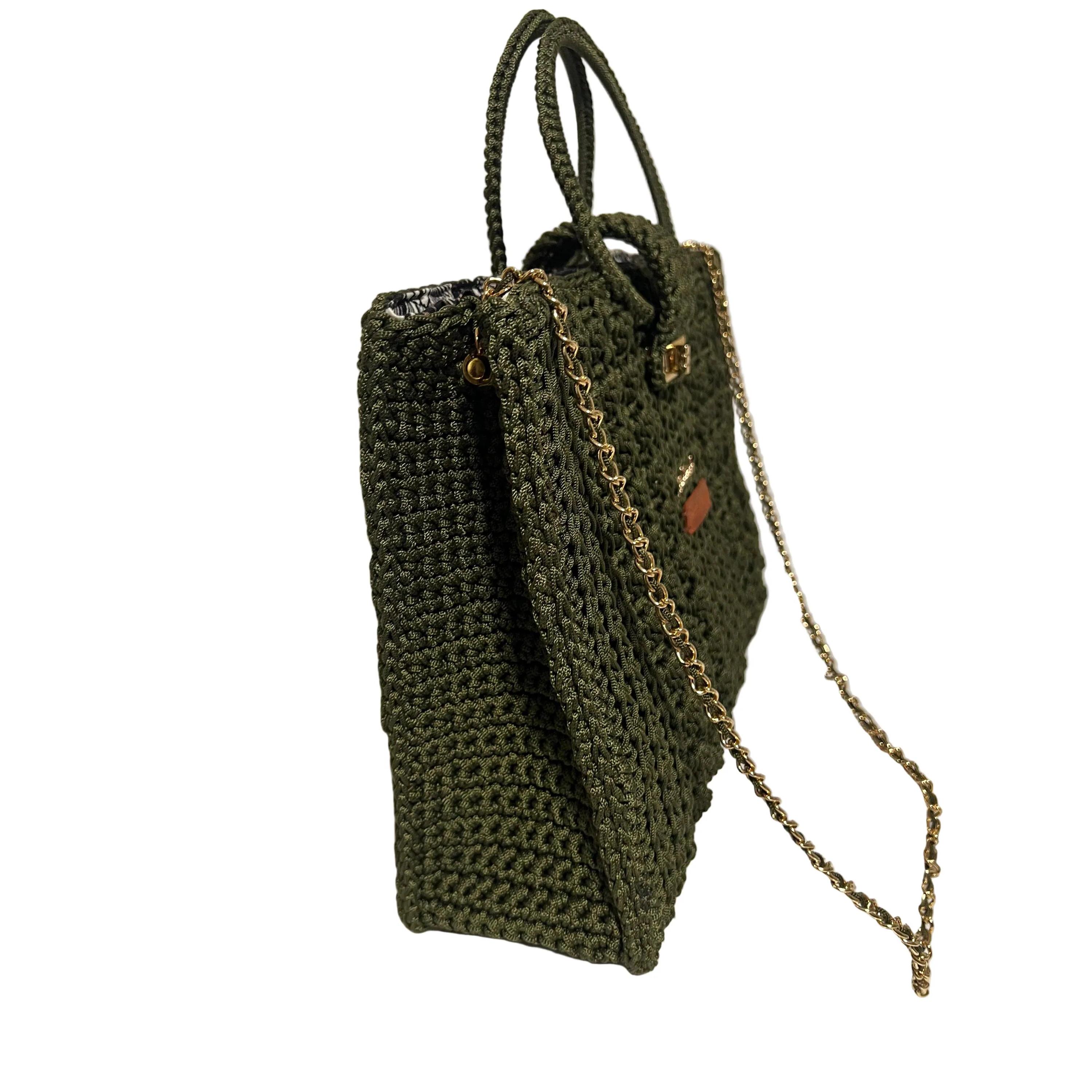 ThreadsByHannah Forest Chic Artisan Chain Strap Bag in dark green woven tote with gold chain strap