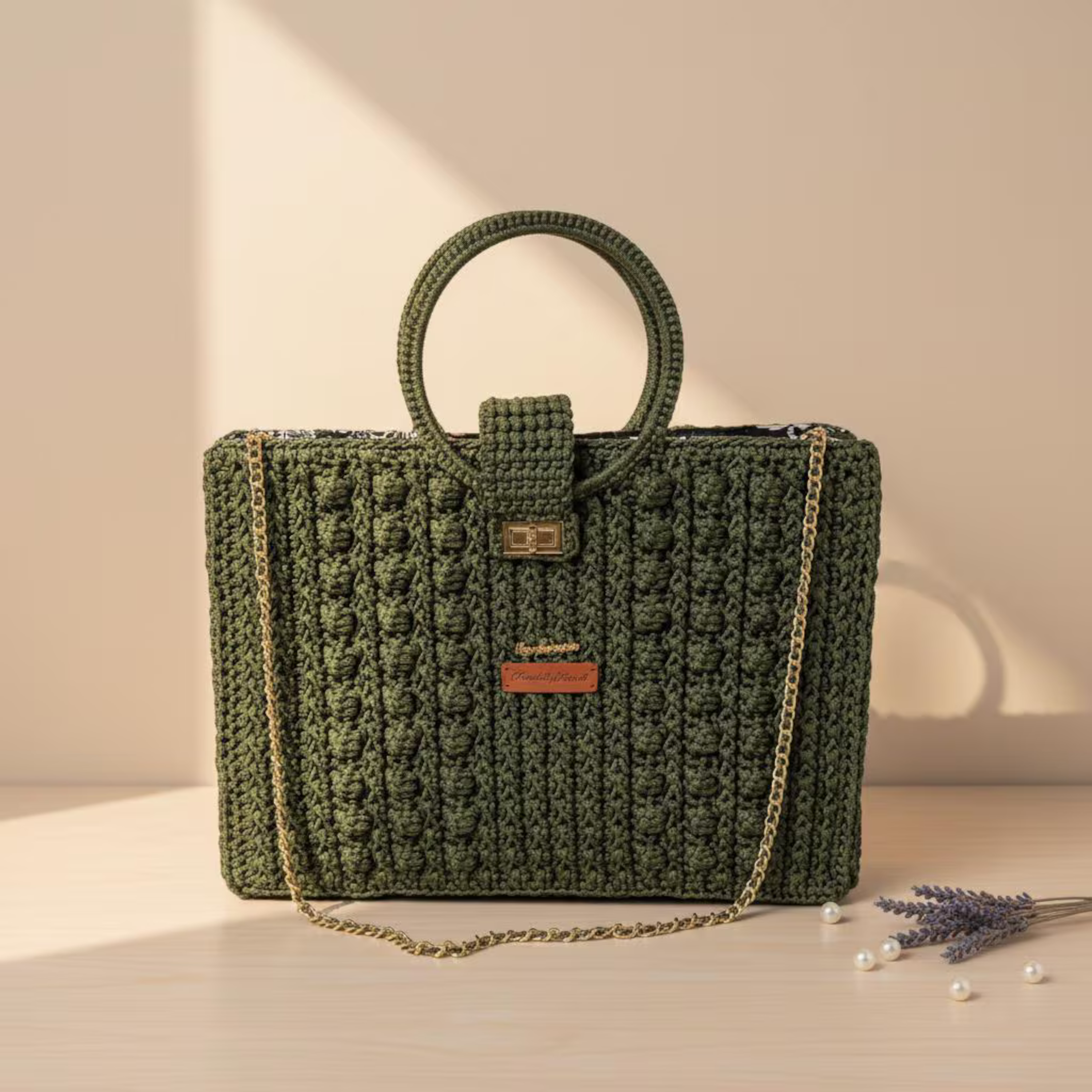 ThreadsByHannah Forest Chic Artisan Chain Strap Bag in dark green crochet with gold chain and round handles