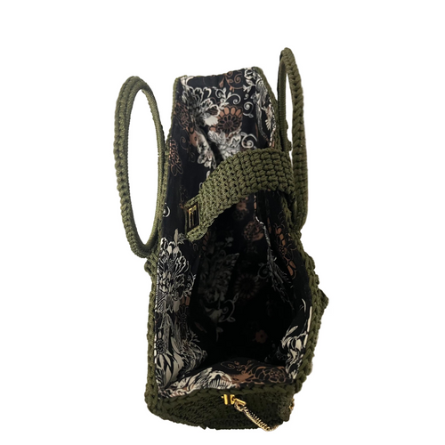 ThreadsByHannah Forest Chic Artisan Chain Strap Bag tote with green crochet exterior and floral fabric interior