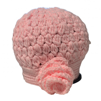 Pink girls crochet beret flower hat 4-10 years with textured stitch and decorative flower