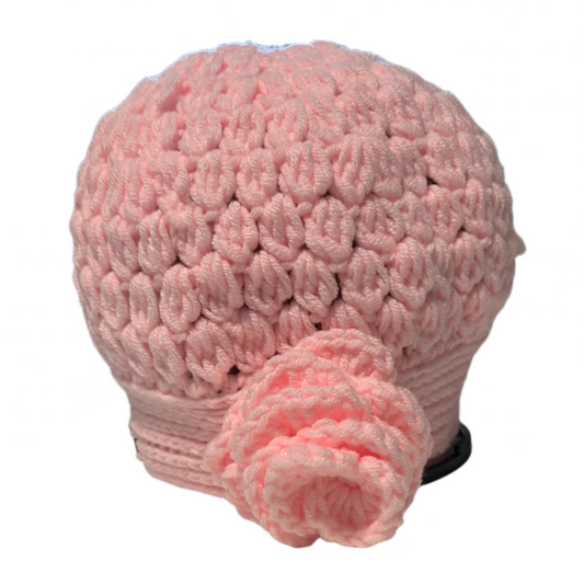Pink girls crochet beret flower hat 4-10 years with textured stitch and decorative flower