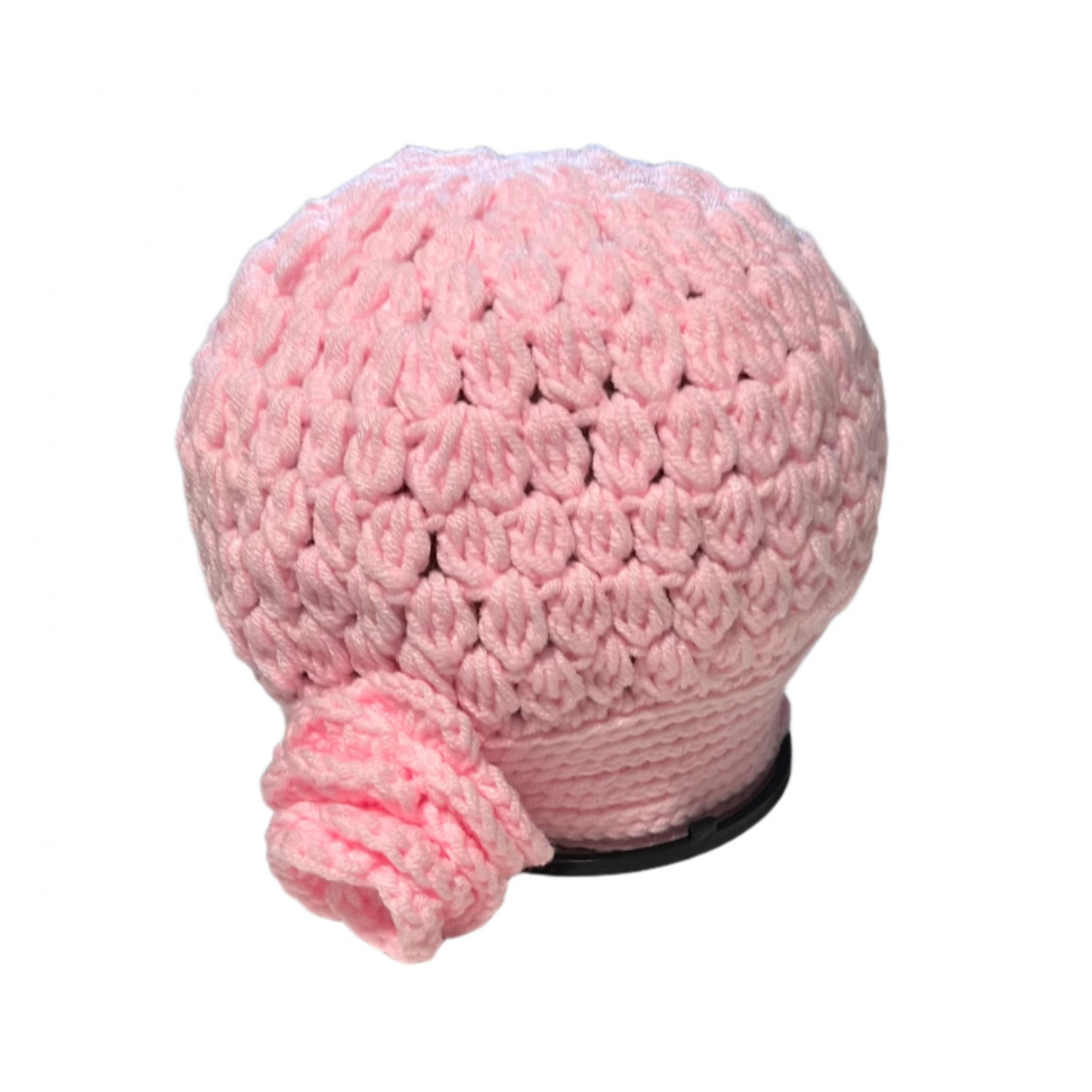 Pink girls crochet beret flower hat 4-10 years by ThreadsByHannah with a textured floral design