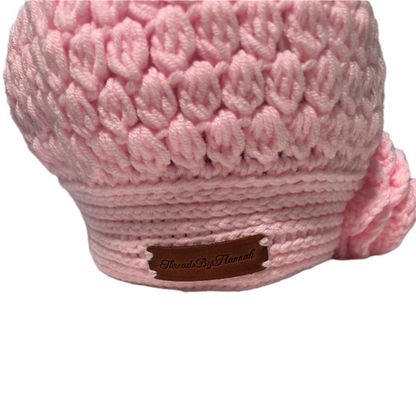 Pink girls crochet beret flower hat 4-10 years by ThreadsByHannah with textured knit and flower detail