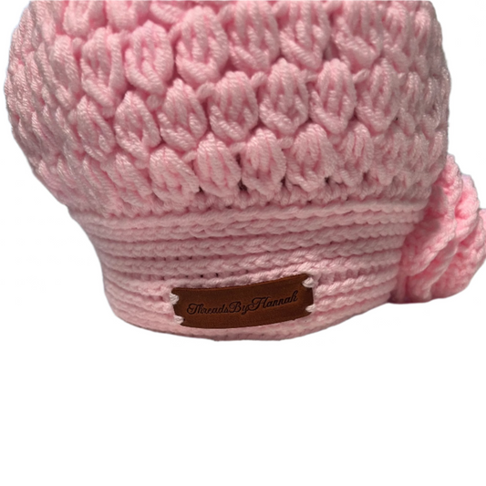Pink girls crochet beret flower hat 4-10 years by ThreadsByHannah with textured knit and flower detail