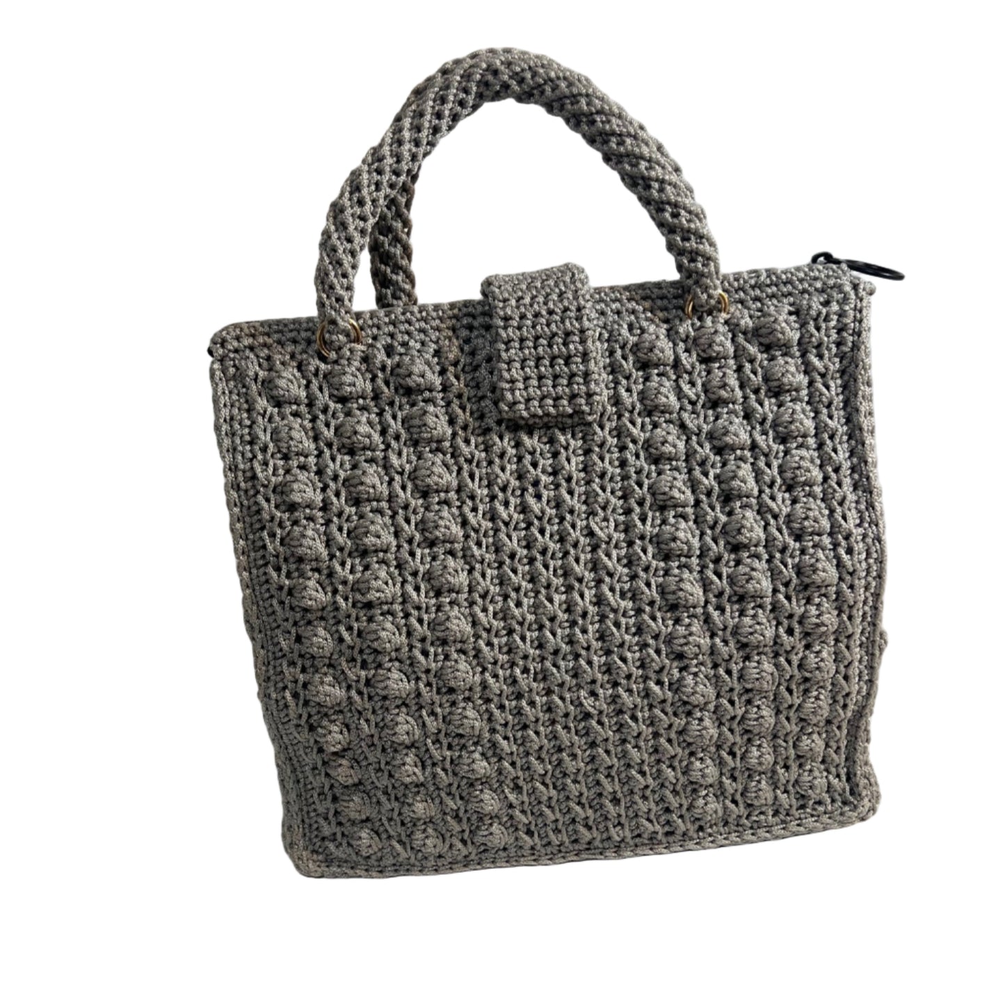 Grey crochet shoulder bag for women with a stylish design and sturdy handles