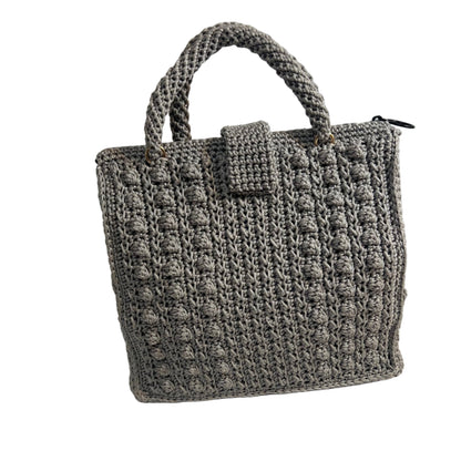 Grey crochet shoulder bag for women with a stylish design and sturdy handles