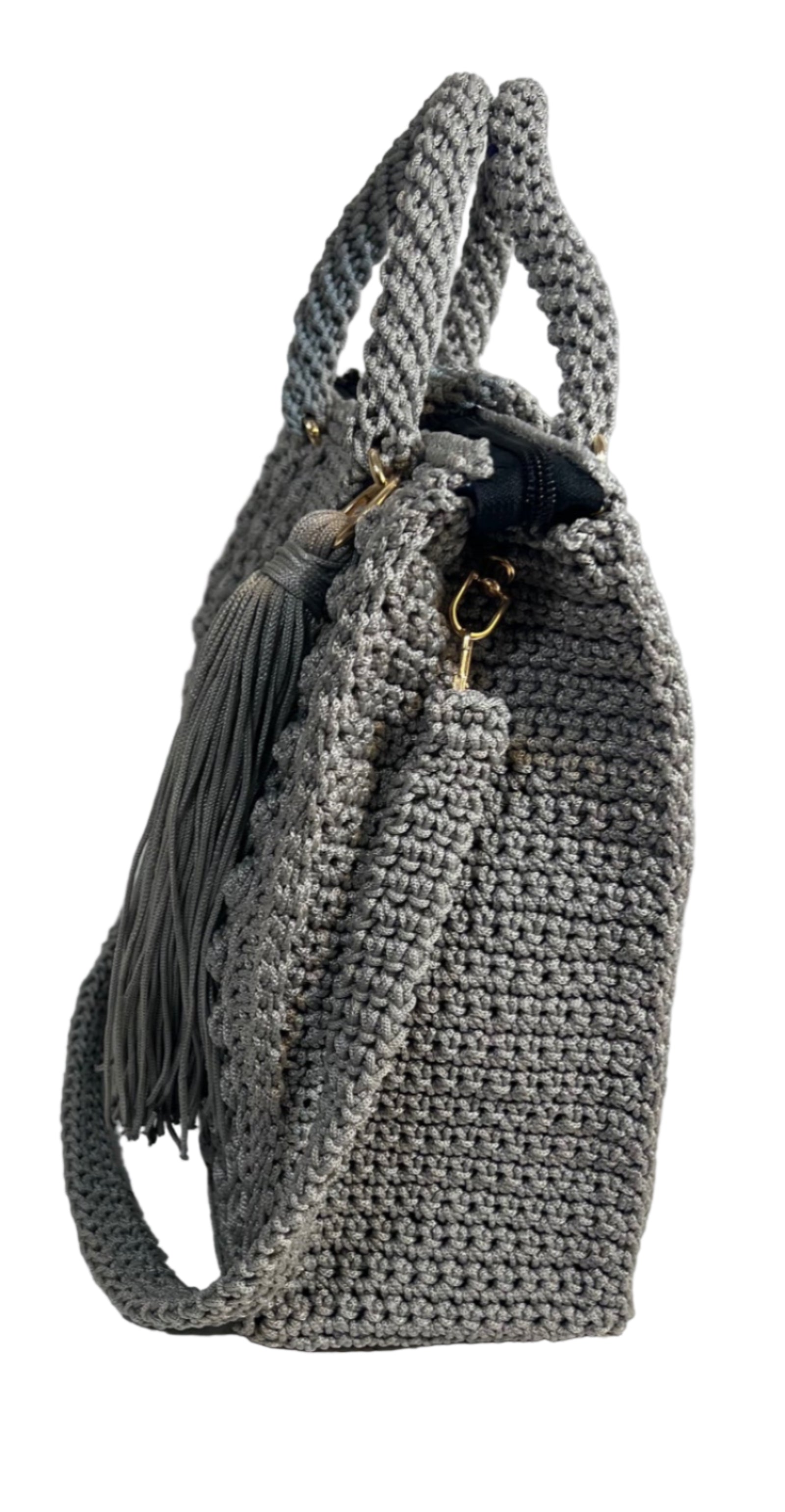 Grey crochet shoulder bag for women with a stylish tassel and comfortable shoulder strap