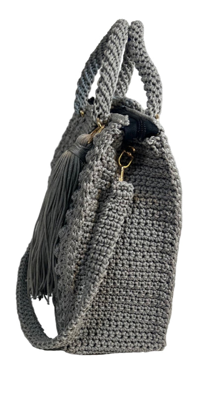 Grey crochet shoulder bag for women with a stylish tassel and comfortable shoulder strap