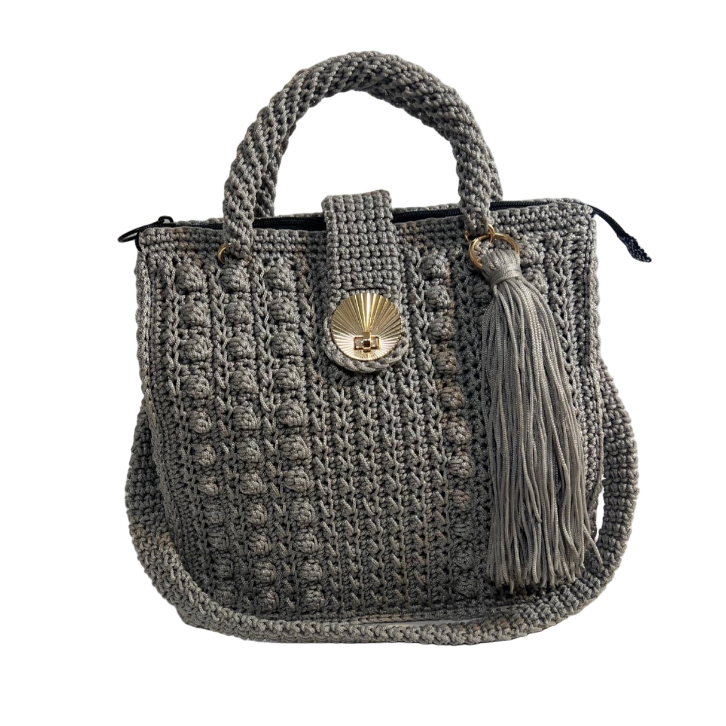 Stylish grey crochet shoulder bag for women with a tassel and elegant clasp detail