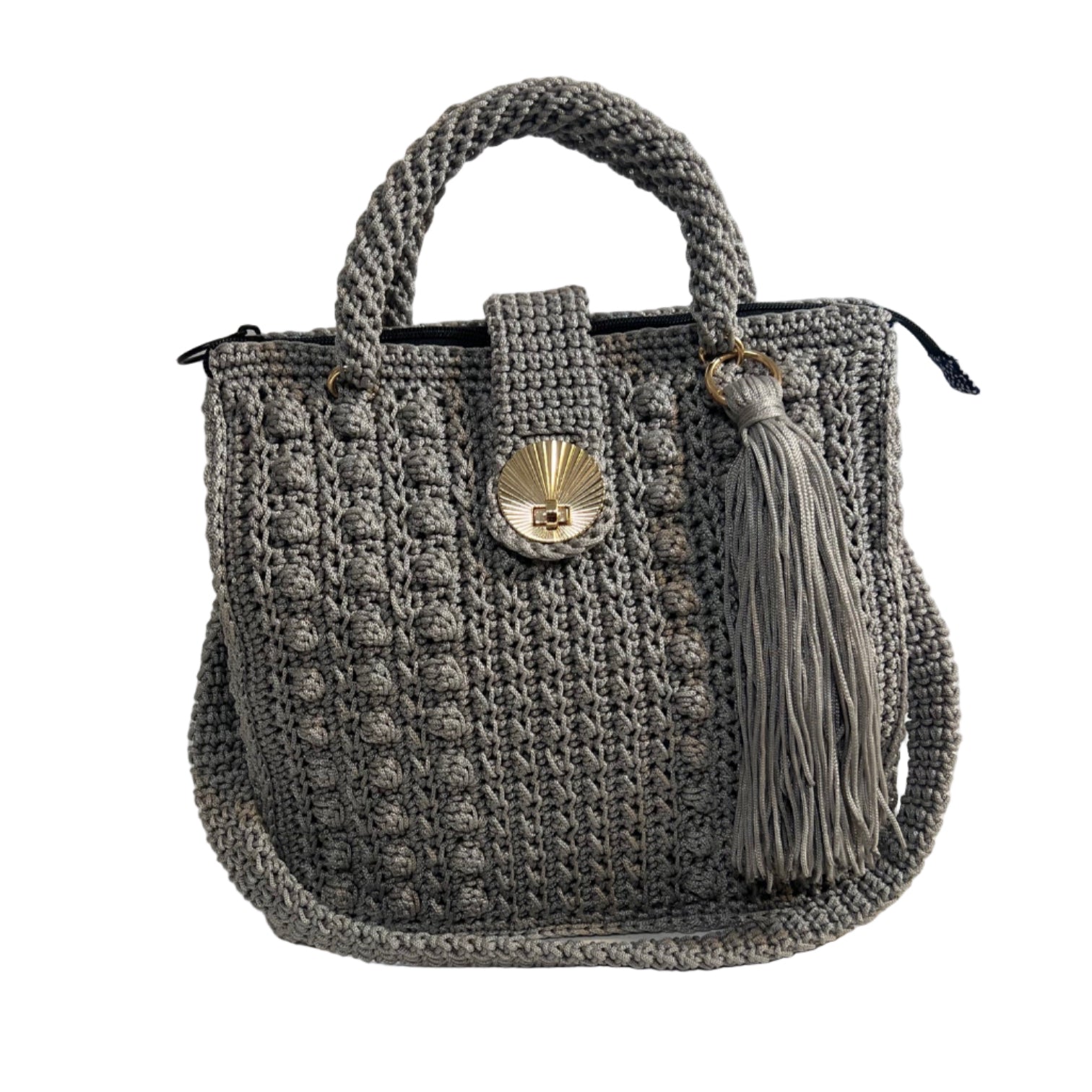 Stylish grey crochet shoulder bag for women with a tassel and elegant clasp detail