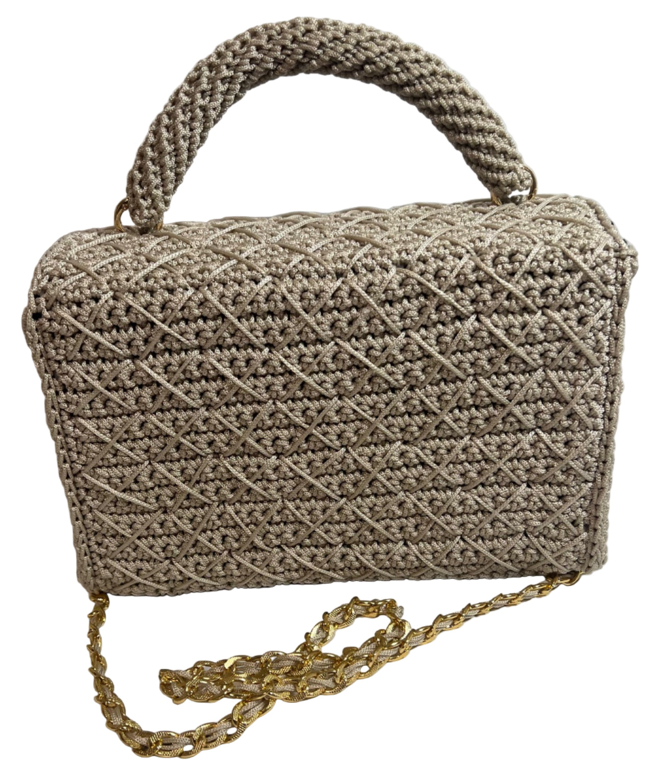 Grey woven handbag for women with a stylish handle and gold chain strap for versatile carrying options