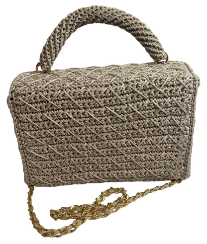 Grey woven handbag for women with a stylish handle and gold chain strap for versatile carrying options