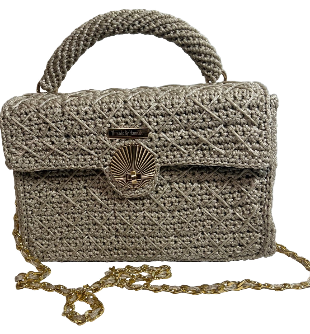 Grey woven handbag for women with a decorative button and chain strap by ThreadsByHannah