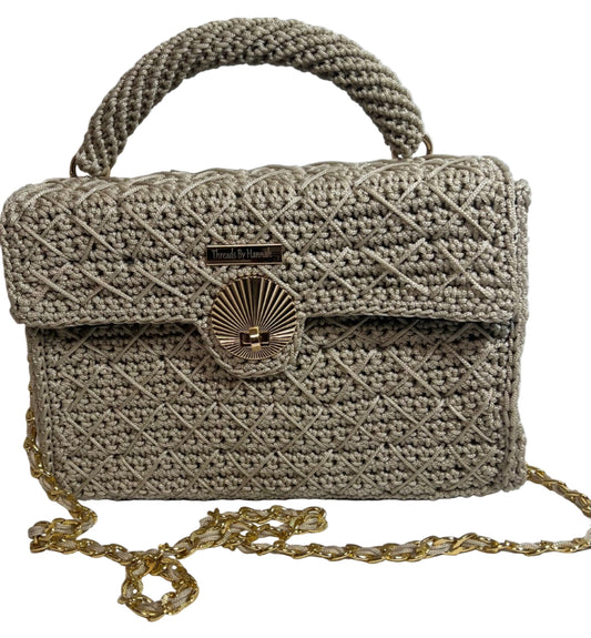 Grey woven handbag for women with a decorative button and chain strap by ThreadsByHannah