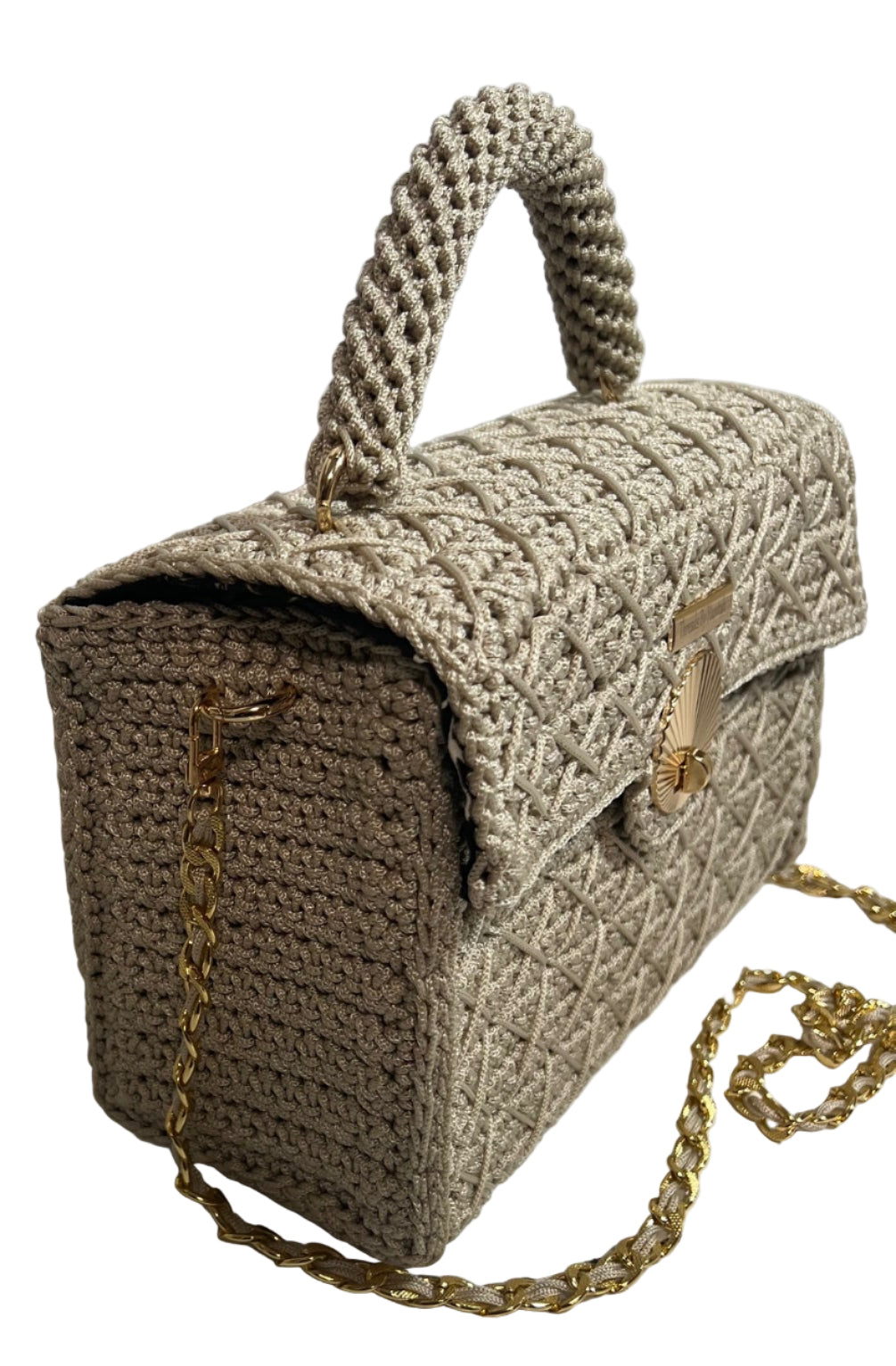 Grey woven handbag for women with a stylish handle and detachable chain strap