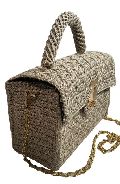Grey woven handbag for women with a stylish handle and detachable chain strap