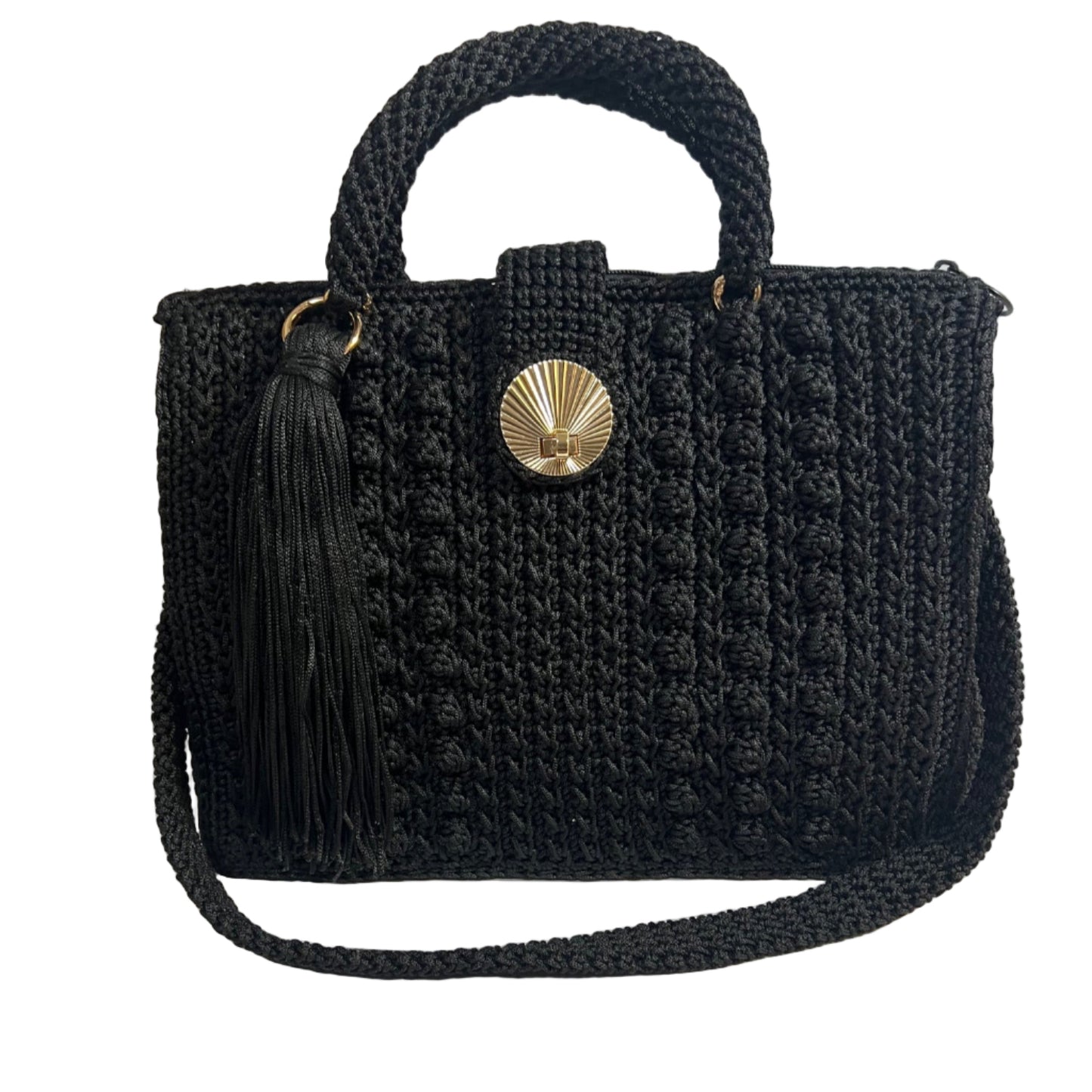 Handcrafted black sling handbag with a textured design and tassel detail for stylish casual outings