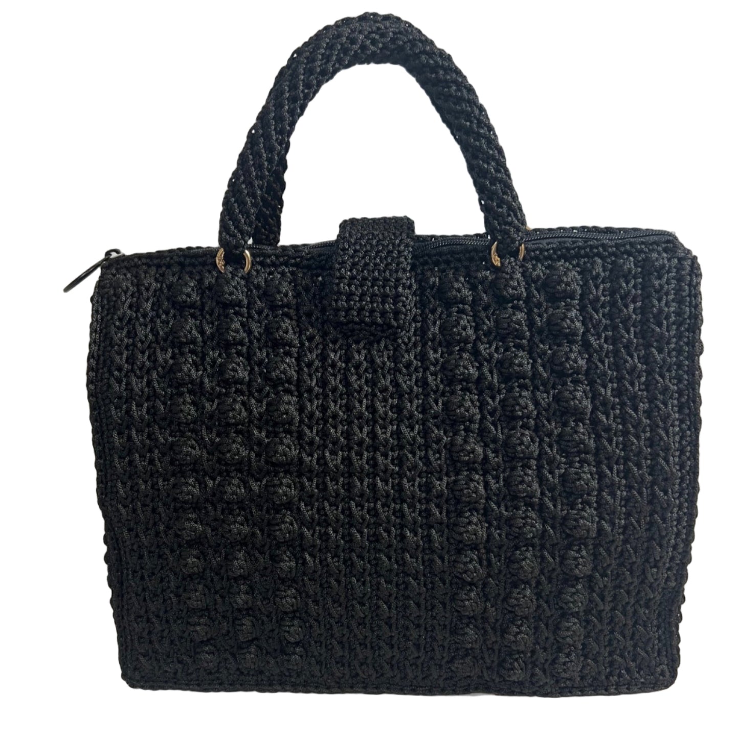 Handcrafted black sling handbag from ThreadsByHannah with textured crochet design