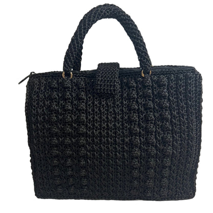 Handcrafted black sling handbag from ThreadsByHannah with textured crochet design