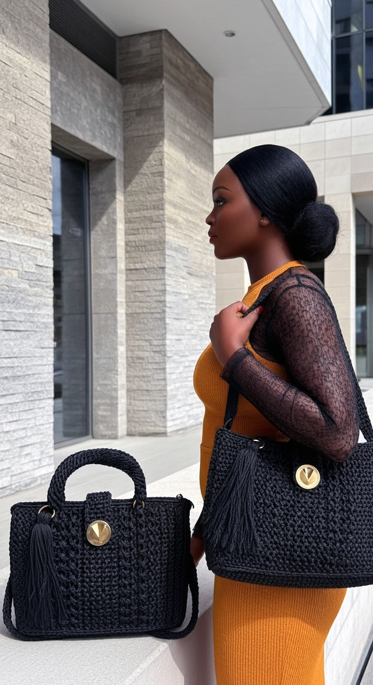 Stylish model showcasing handcrafted black sling handbag and matching bag, perfect for chic outings