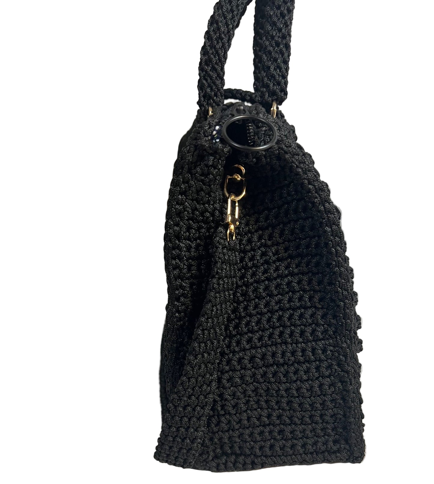 Handcrafted black sling handbag with textured crochet design and gold detailing