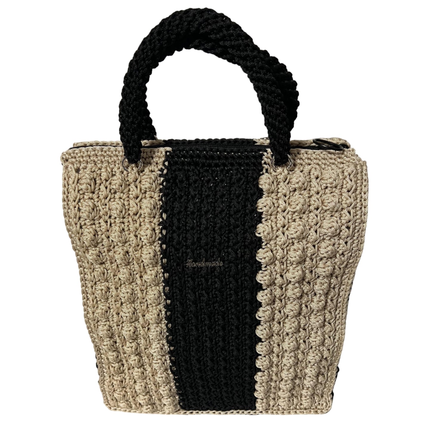 Handcrafted bohemian tote bag with unique texture and stylish black and beige design