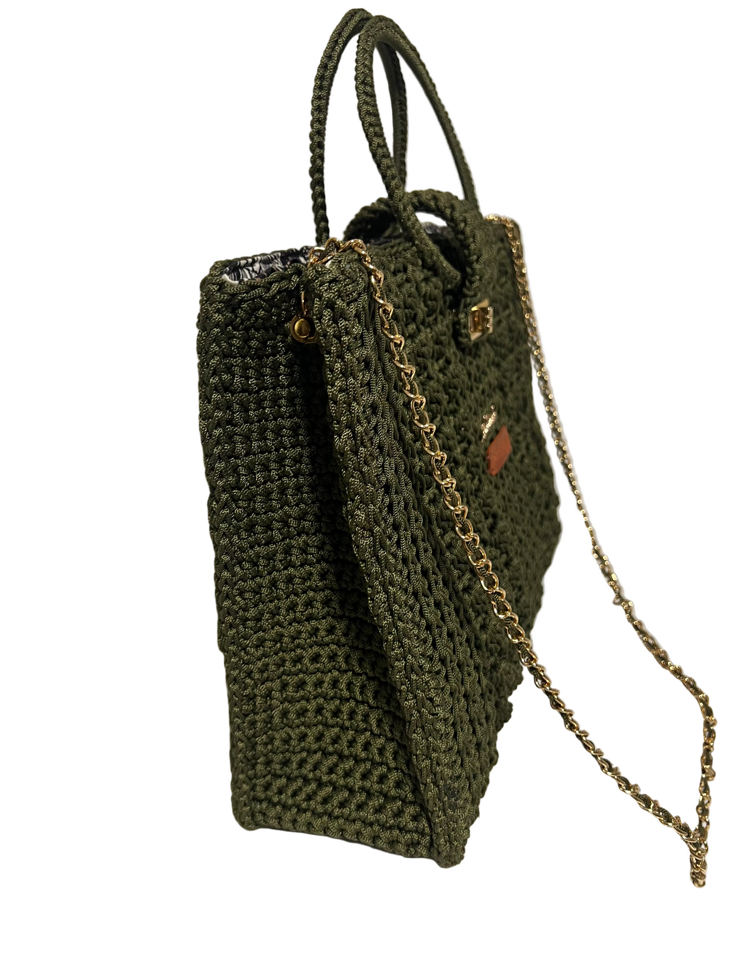 Olive green handcrafted Trapezoid handbag with chain featuring a stylish woven design