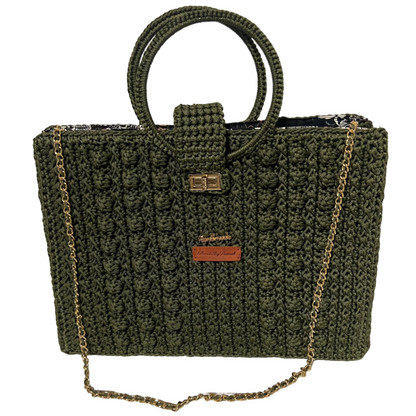 Stylish handcrafted Trapezoid handbag with chain in olive green, featuring a textured design and sturdy handles