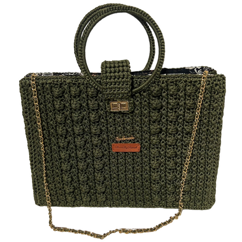Stylish handcrafted Trapezoid handbag with chain in olive green, featuring a textured design and sturdy handles