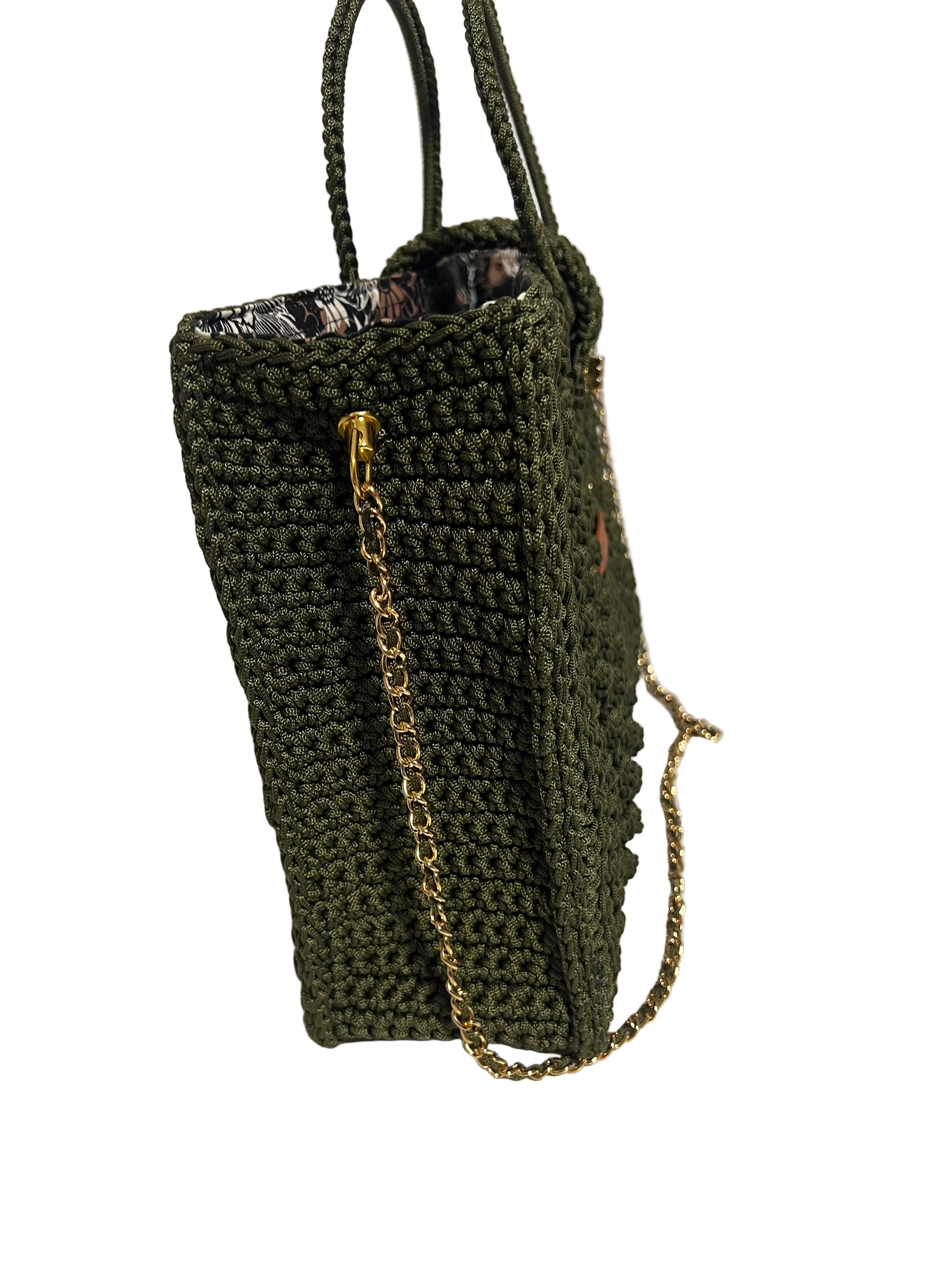 Handcrafted Trapezoid handbag with chain in olive green featuring a textured exterior