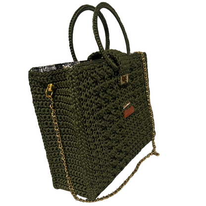 Stylish handcrafted Trapezoid handbag with chain in olive green, perfect for everyday use
