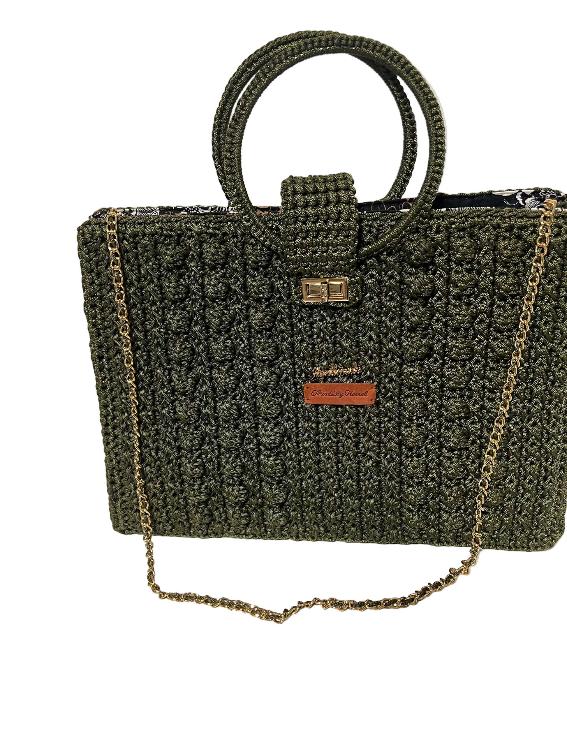 Handcrafted Trapezoid handbag with chain in olive green featuring stylish crochet design