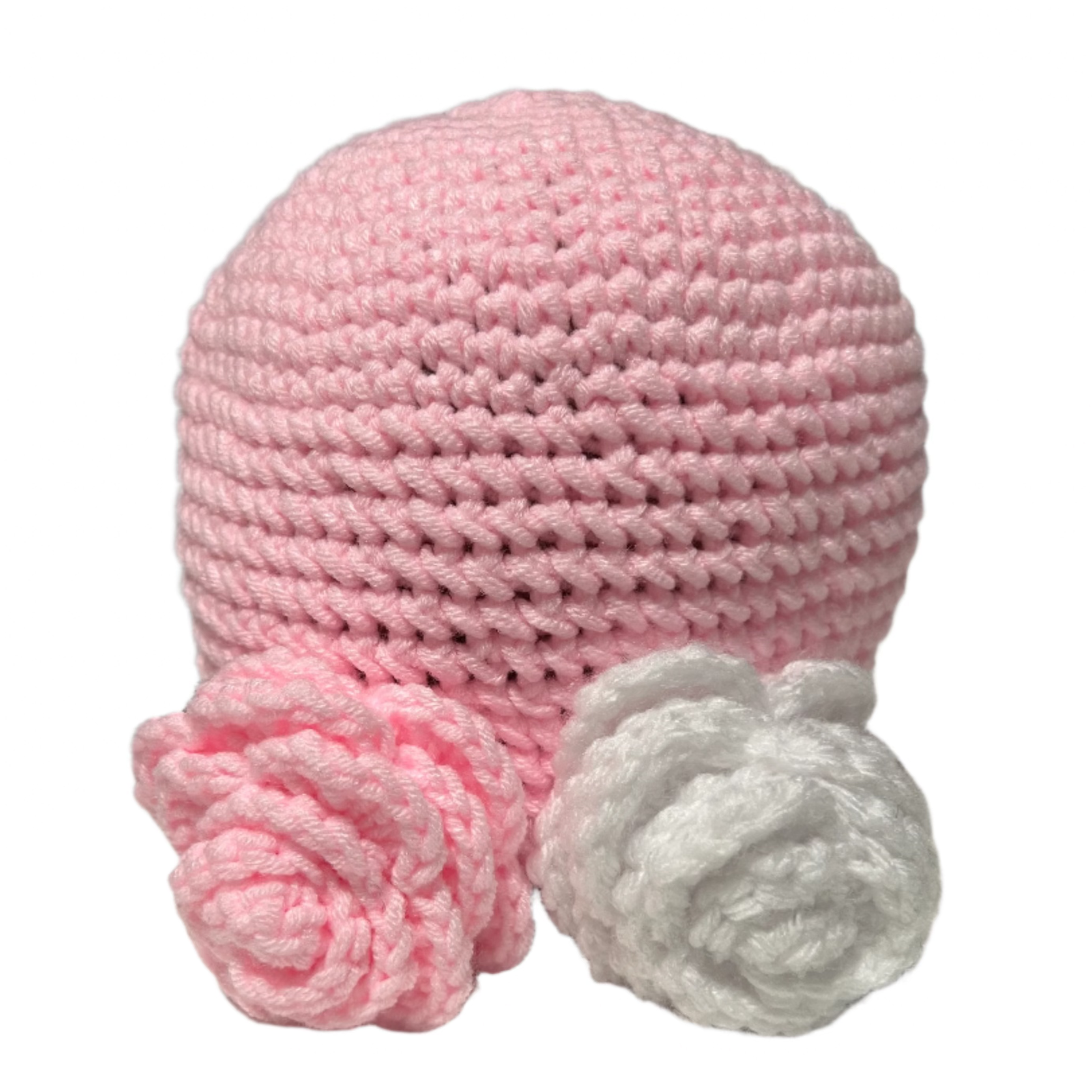 Pink handmade beanie for girls ages 4-10 with two crocheted flower accents by ThreadsByHannah