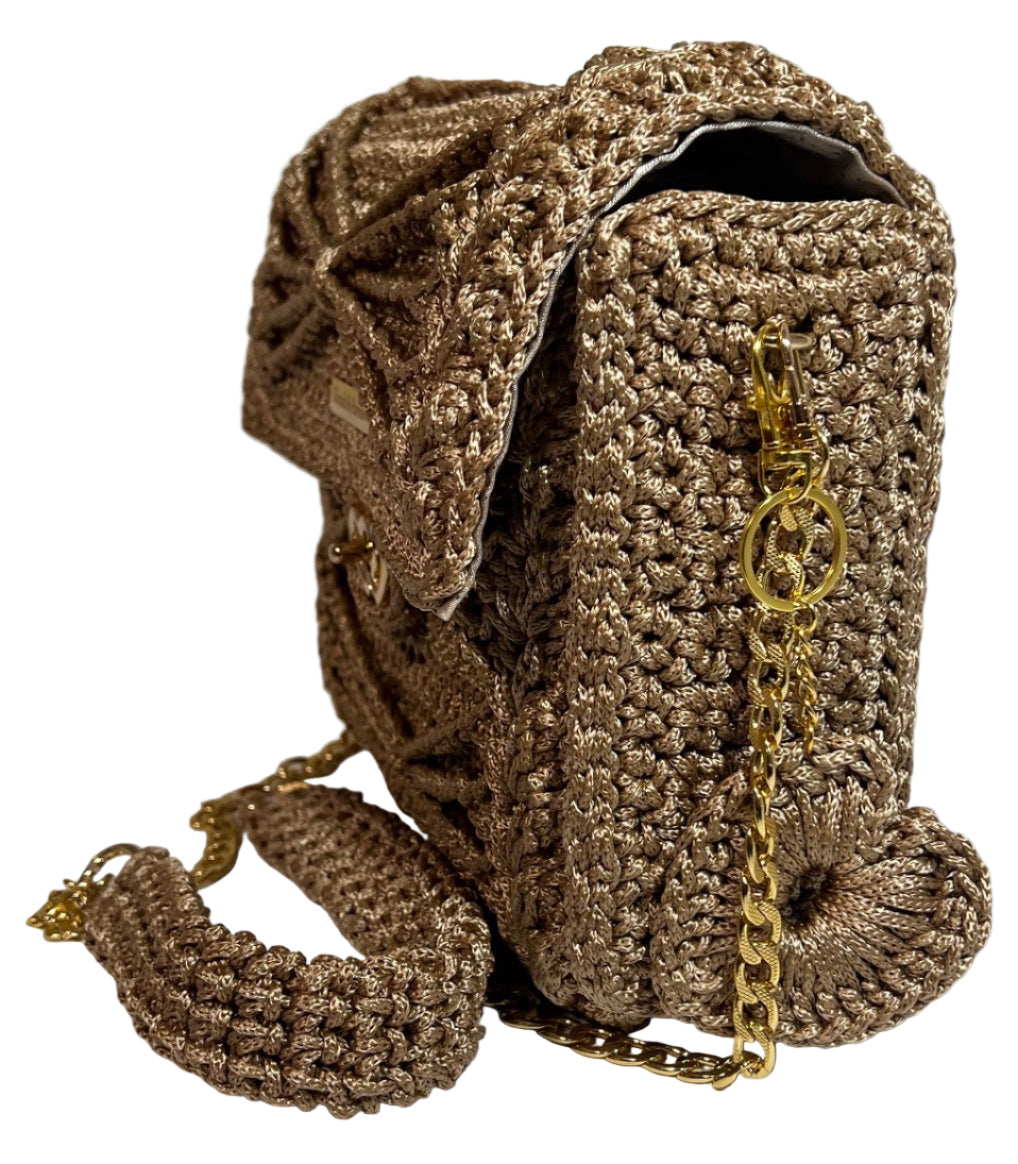 Handmade Beige Satchel Shoulder Handbag with intricate crochet design and gold chain strap