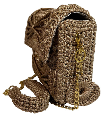 Handmade Beige Satchel Shoulder Handbag with intricate crochet design and gold chain strap