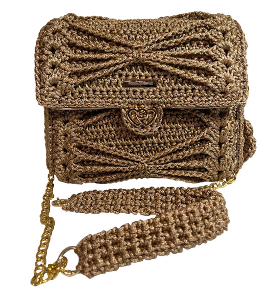 Handmade Beige Satchel Shoulder Handbag with intricate design and gold chain strap for stylish carry