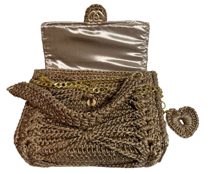 Handmade Beige Satchel Shoulder Handbag with intricate woven design and gold chain strap