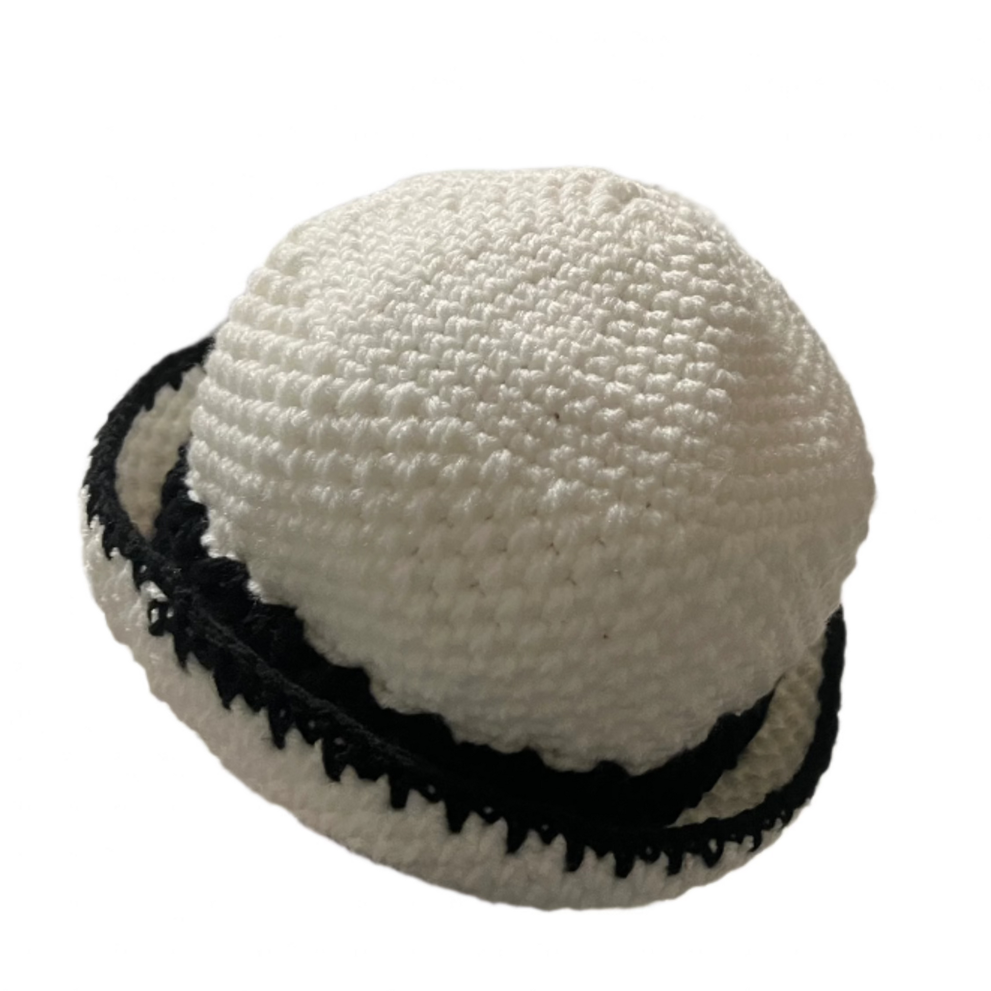 ThreadsByHannah handmade black and white bucket hat with crocheted texture and rolled brim