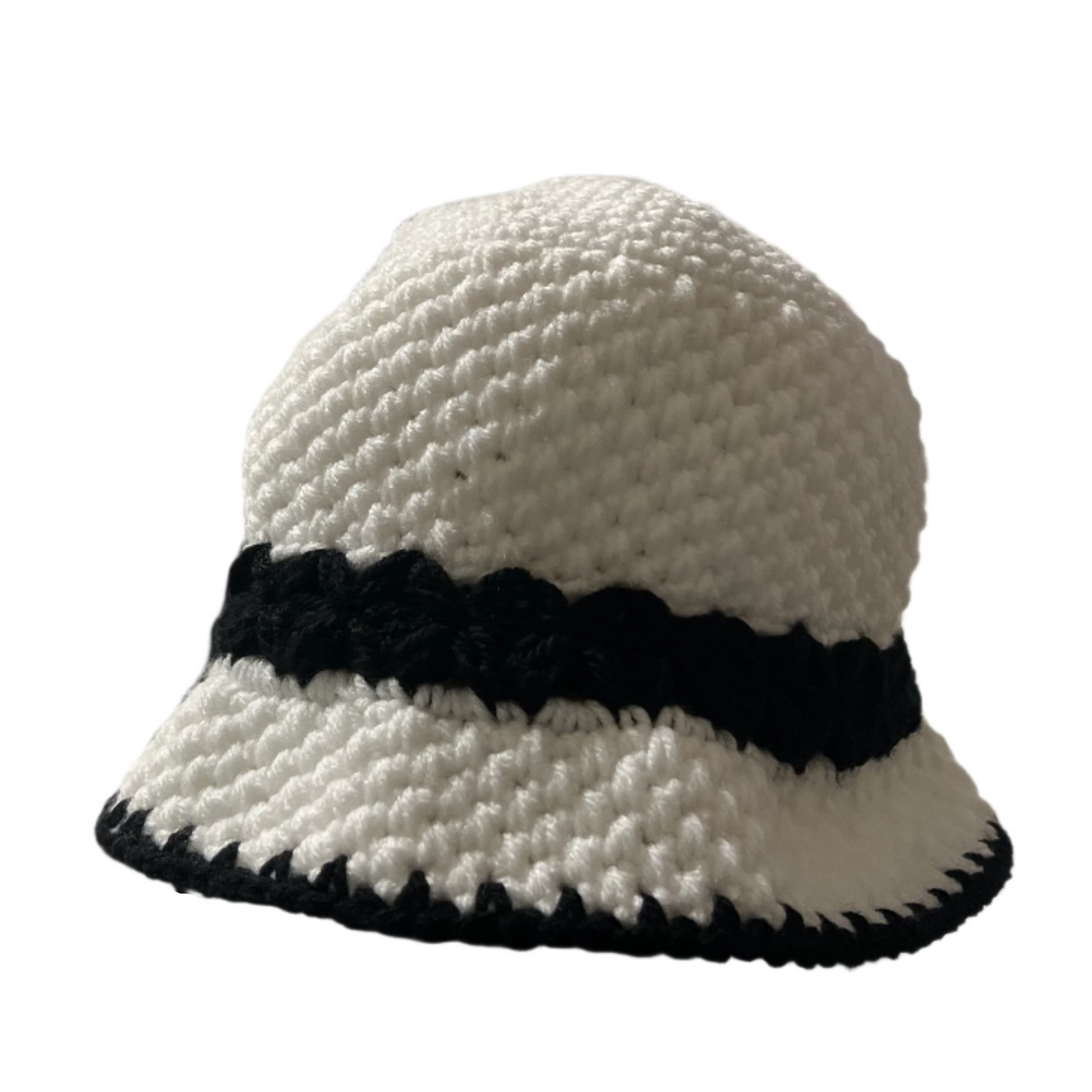 Handmade black and white bucket hat with crocheted texture by ThreadsByHannah