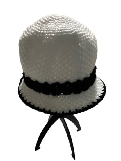 Handmade black and white bucket hat by ThreadsByHannah with textured crochet design