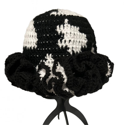 Handmade black and white ruffle hat with crochet pattern by ThreadsByHannah