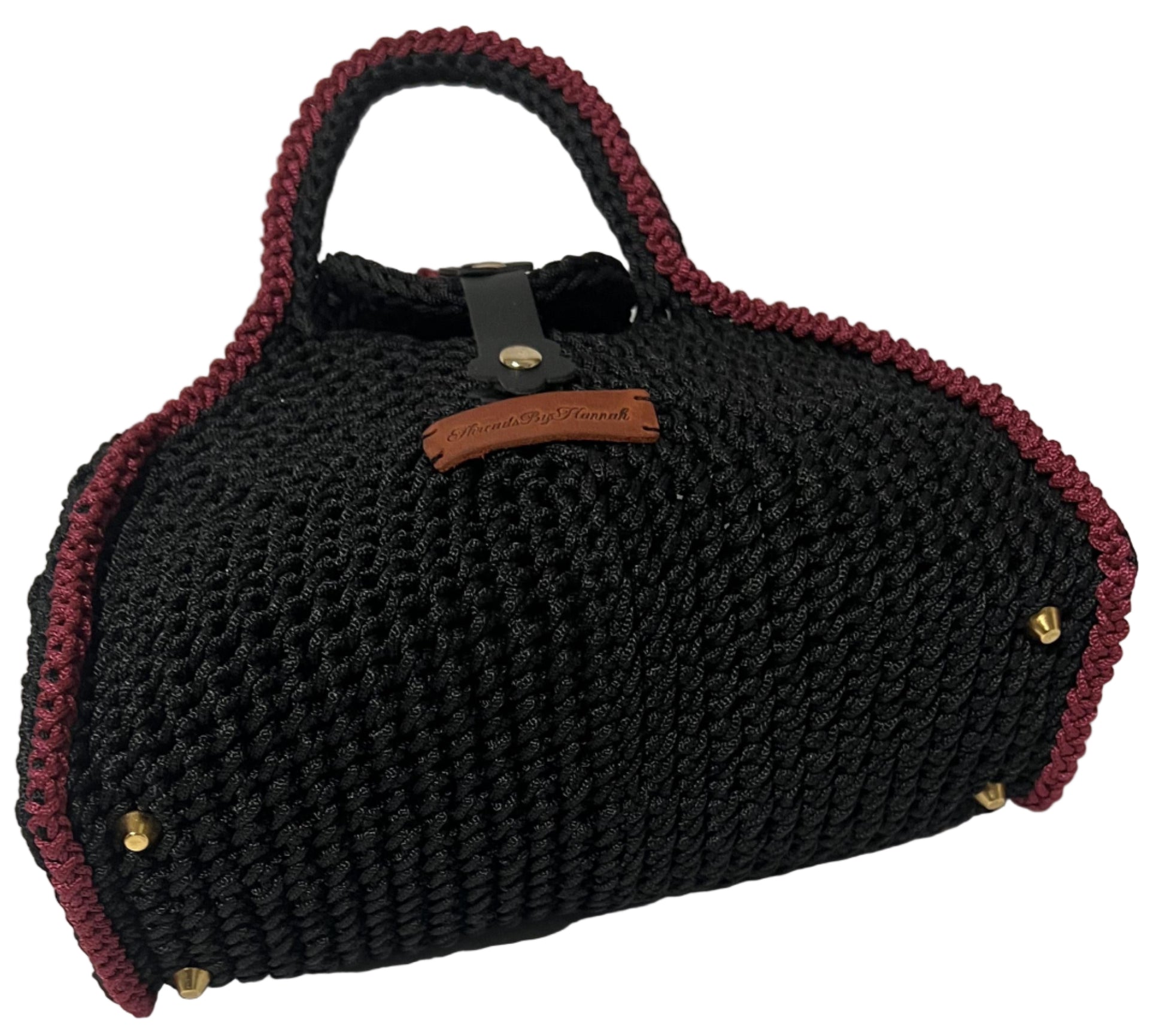 Handmade Black Half Moon Clutch Handbag with Burgundy Trim and Gold Accents