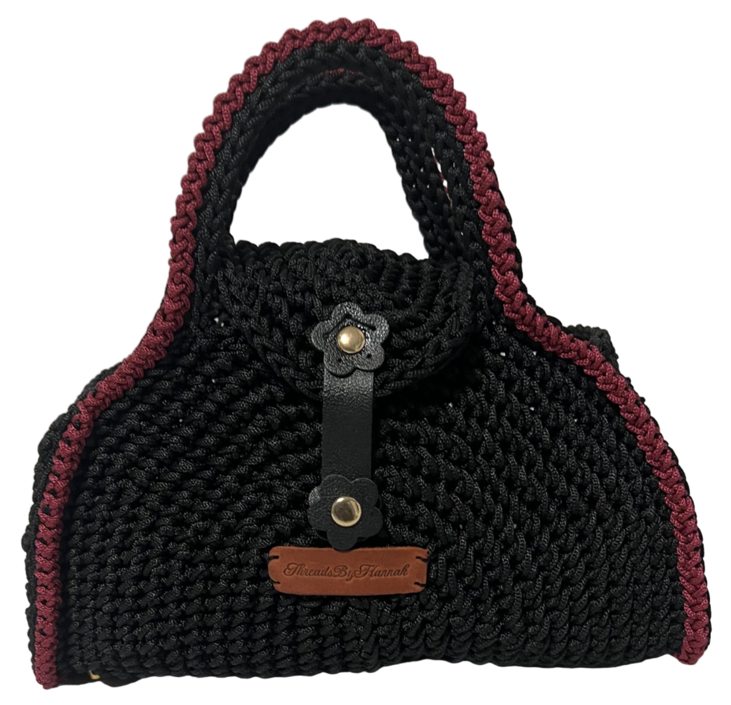 Handmade Black Half Moon Clutch Handbag with Maroon Trim and Unique Knotted Design