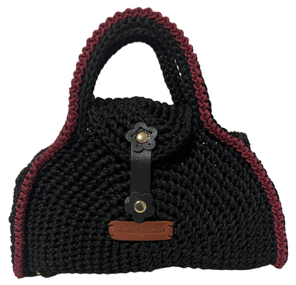 Handmade Black Half Moon Clutch Handbag with Maroon Trim and Unique Knotted Design