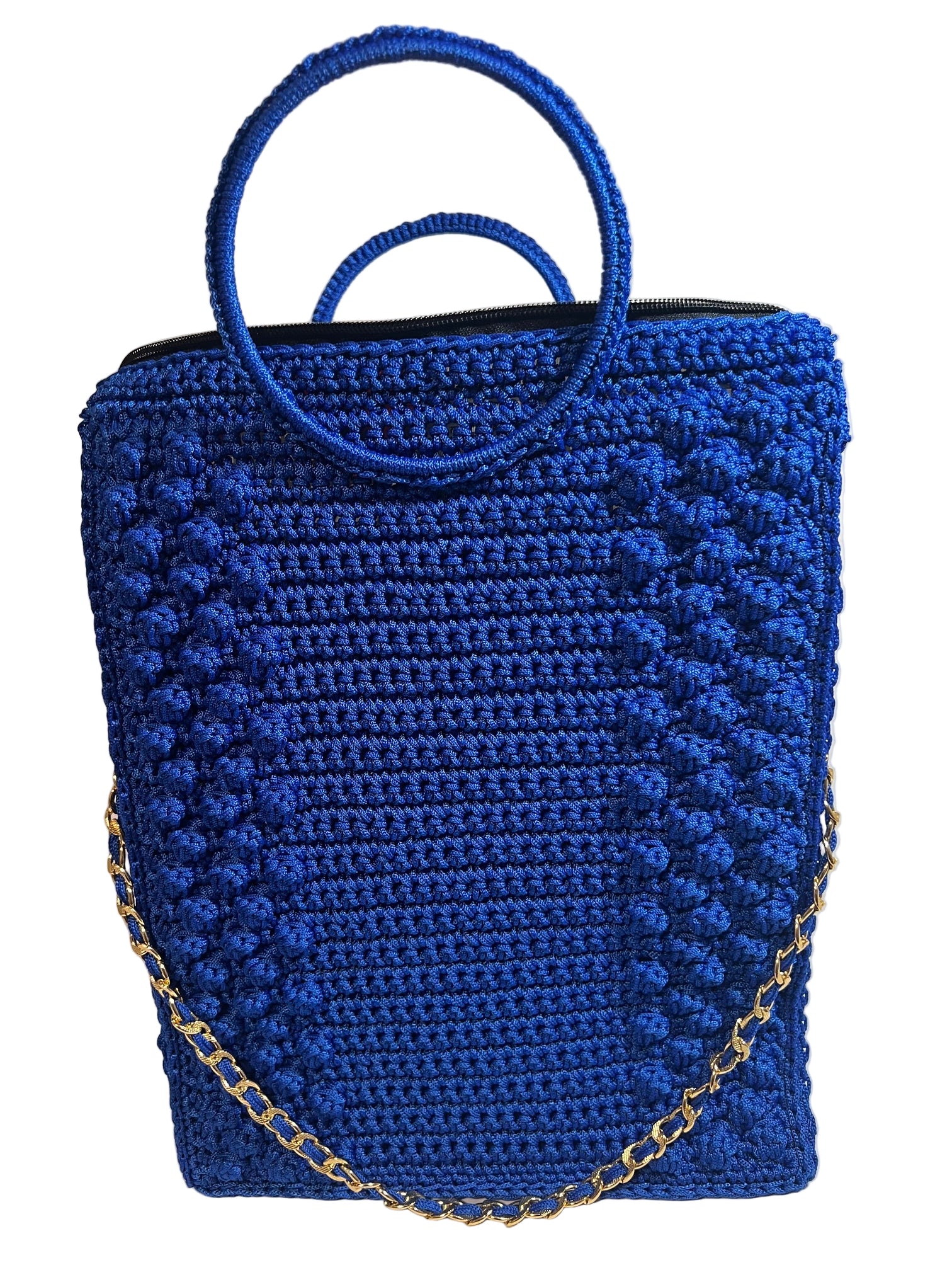 Handmade blue African print handbag with a crochet design and gold chain strap