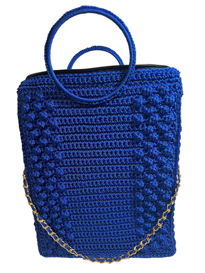 Handmade blue African print handbag with a crochet design and gold chain strap
