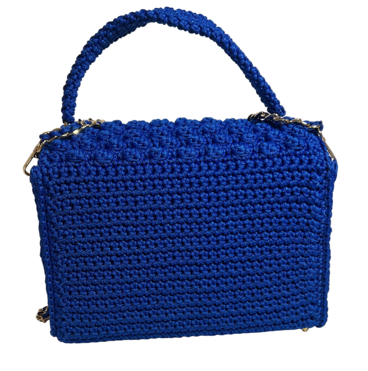 Handmade Blue African Print Satchel Shoulder Handbag with a textured crochet design